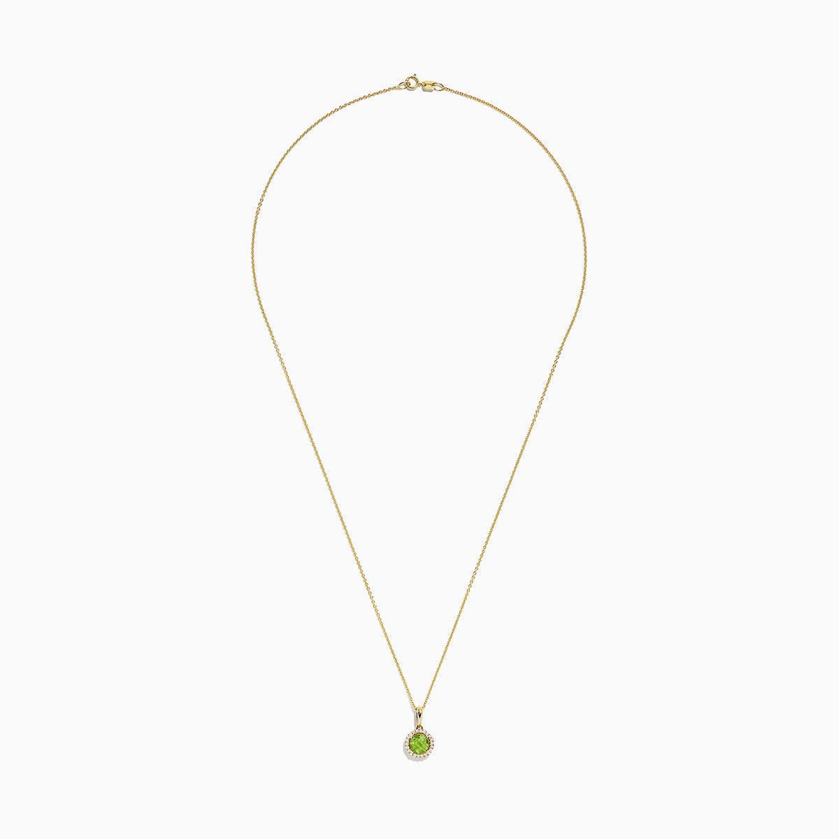 A 14K yellow gold peridot and diamond pendant (1.10 TCW) with a round peridot center, surrounded by sparkling diamonds, shown on a white background.