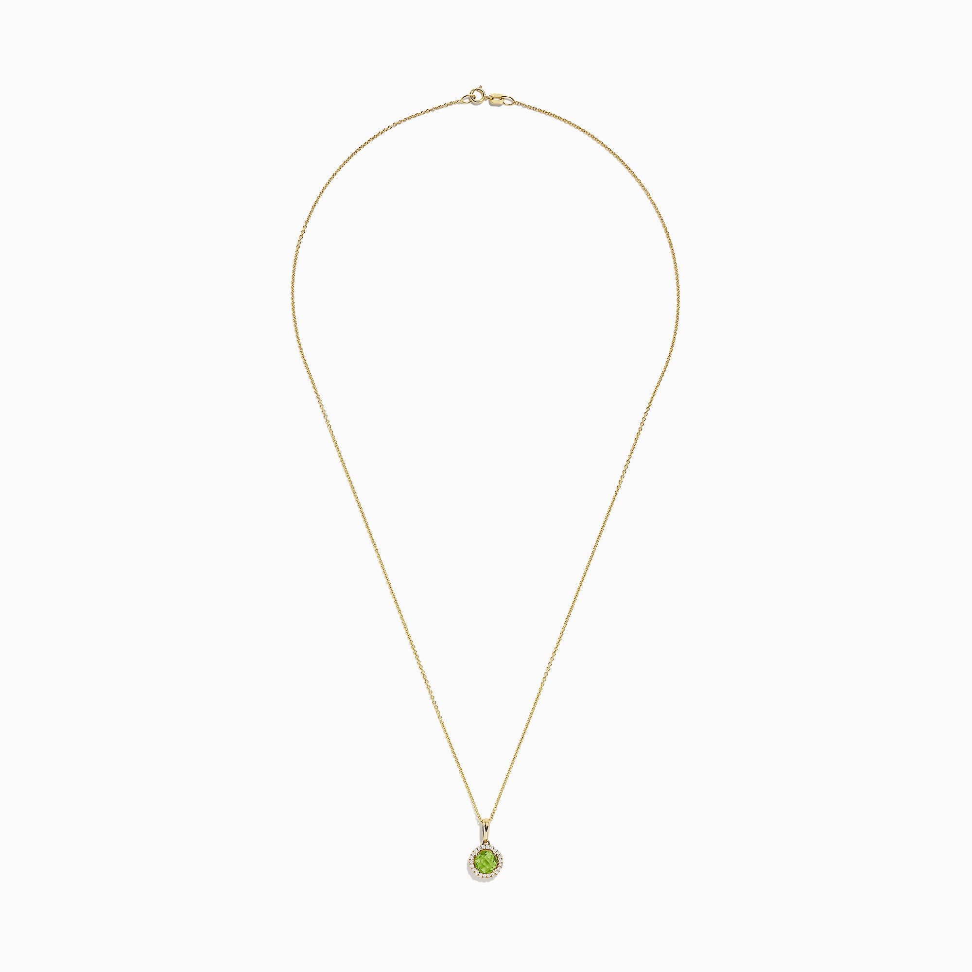 A 14K yellow gold peridot and diamond pendant (1.10 TCW) with a round peridot center, surrounded by sparkling diamonds, shown on a white background.