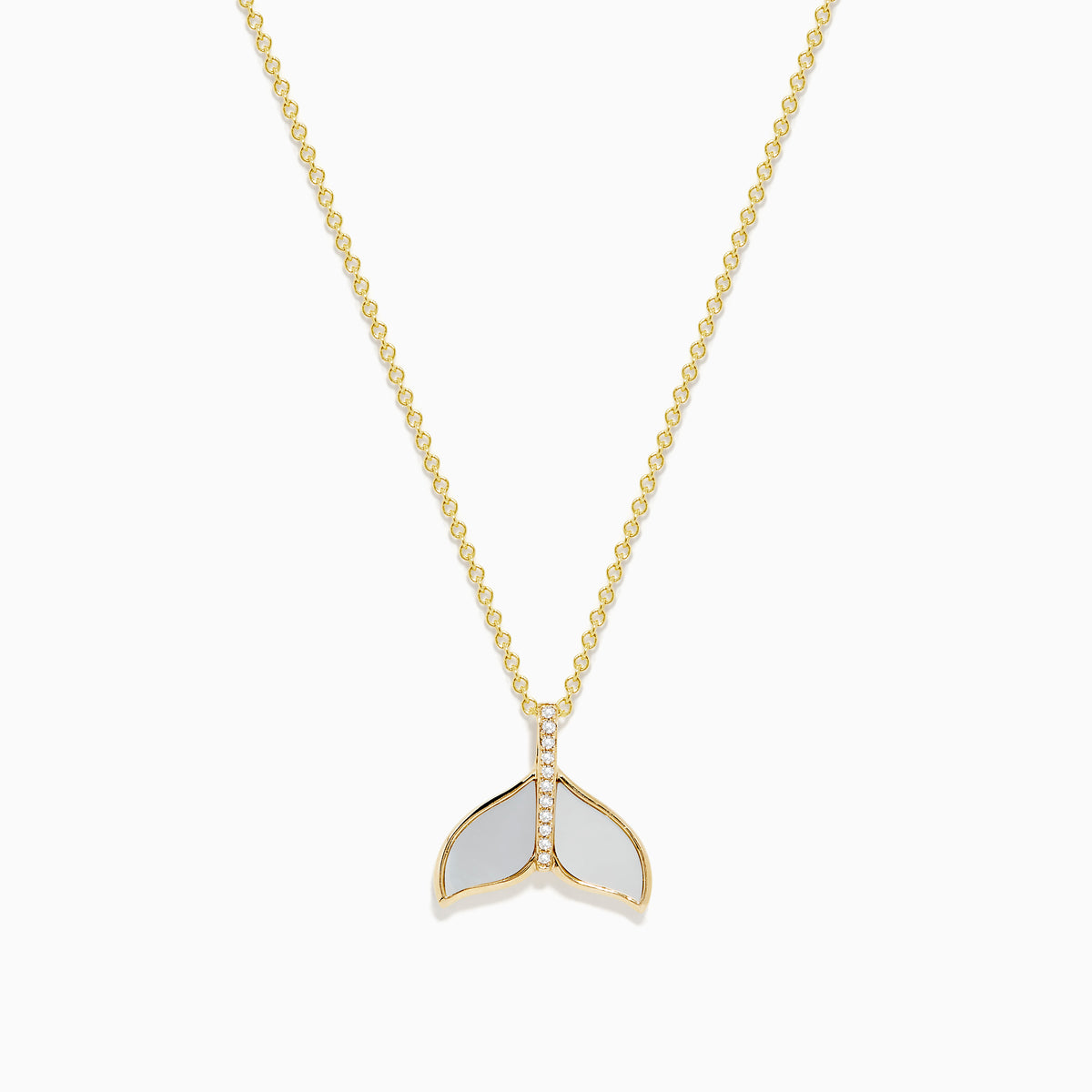 A 14K yellow gold necklace with a delicate chain, featuring the Seaside Whale Tail Pendant accented with mother of pearl and sparkling diamonds.