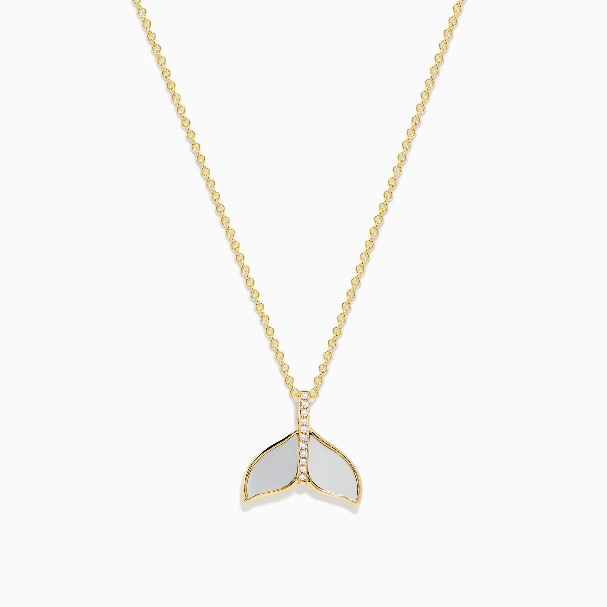 A 14K yellow gold necklace with a delicate chain, featuring the Seaside Whale Tail Pendant accented with mother of pearl and sparkling diamonds.