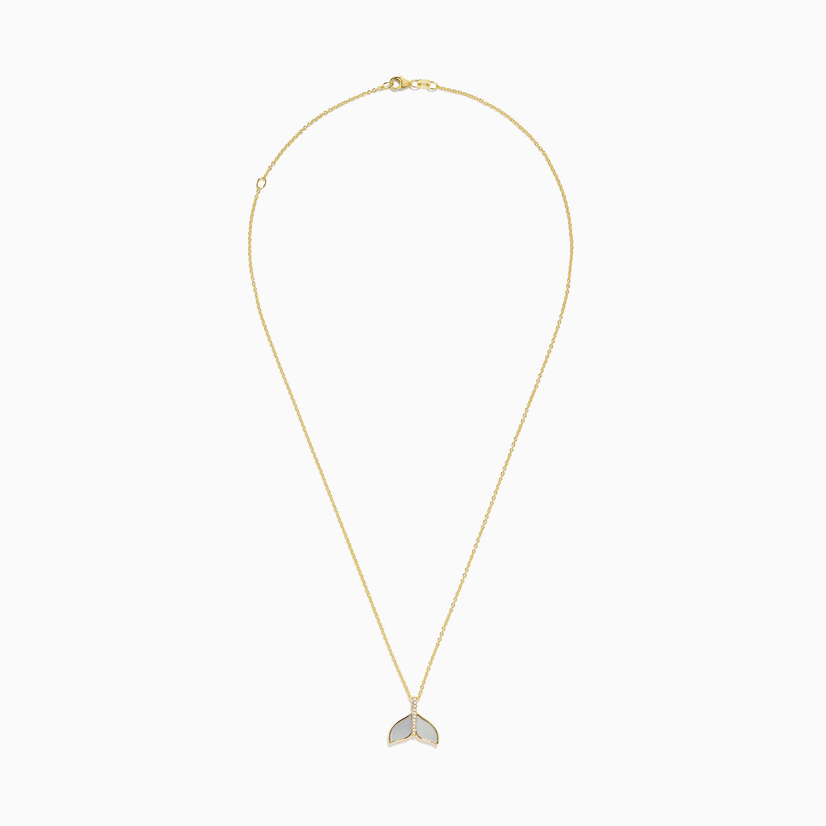 A 14K yellow gold necklace with a delicate chain, featuring the Seaside Whale Tail Pendant accented with mother of pearl and sparkling diamonds.