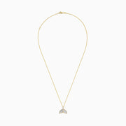 A 14K yellow gold necklace with a delicate chain, featuring the Seaside Whale Tail Pendant accented with mother of pearl and sparkling diamonds.