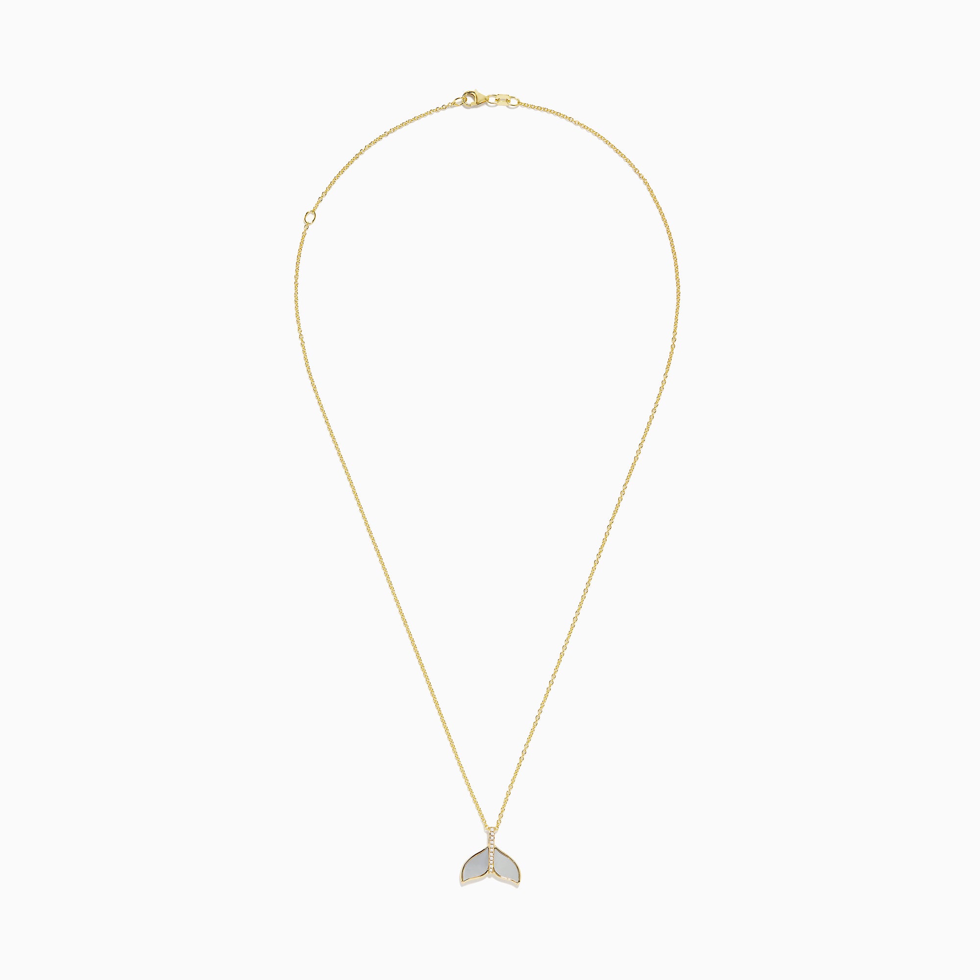 A 14K yellow gold necklace with a delicate chain, featuring the Seaside Whale Tail Pendant accented with mother of pearl and sparkling diamonds.