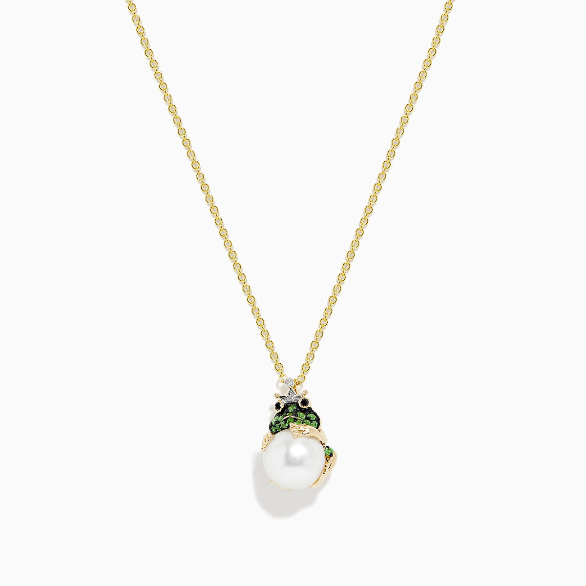 The Safari 14K Yellow Gold Tsavorite, Diamond and Pearl Frog Pendant features tsavorite accents and a white pearl, elegantly displayed on a plain white background.