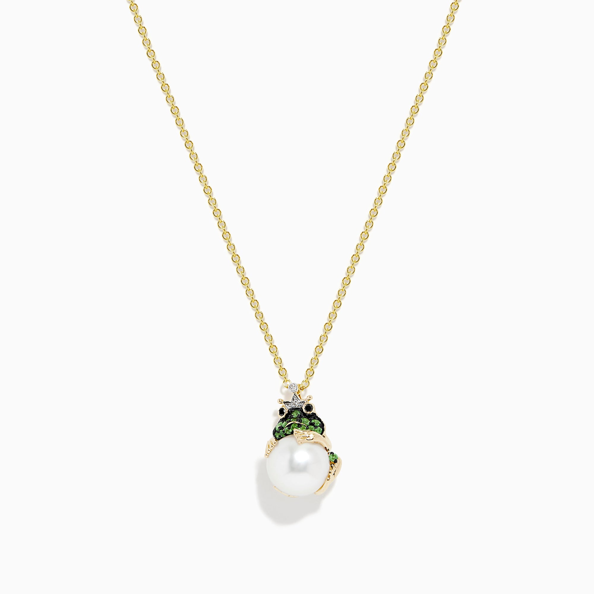 The Safari 14K Yellow Gold Tsavorite, Diamond and Pearl Frog Pendant features tsavorite accents and a white pearl, elegantly displayed on a plain white background.