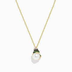 The Safari 14K Yellow Gold Tsavorite, Diamond and Pearl Frog Pendant features tsavorite accents and a white pearl, elegantly displayed on a plain white background.