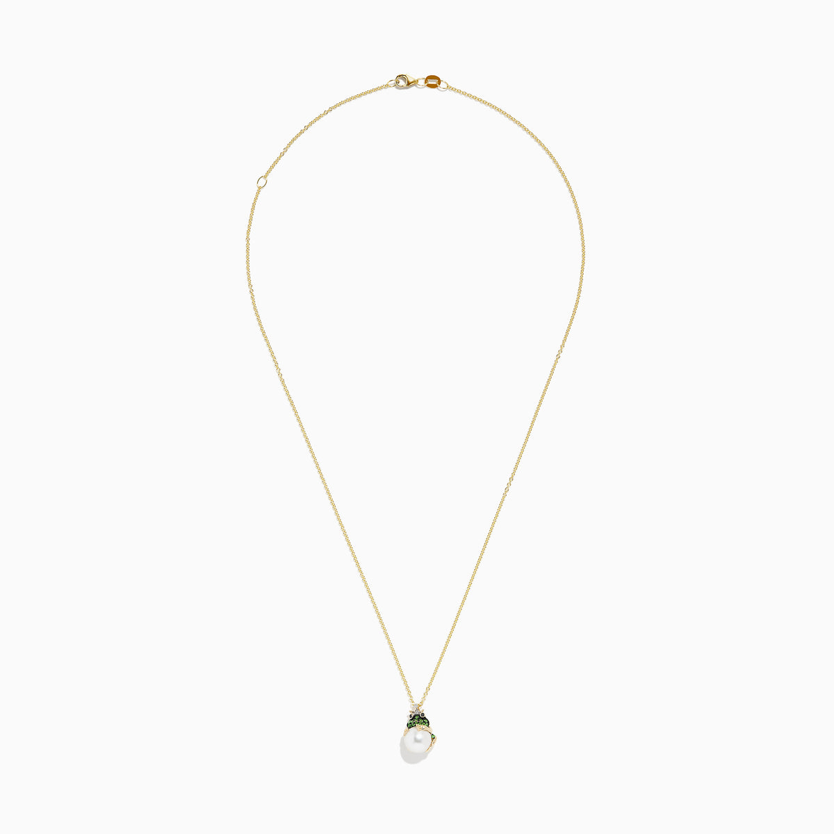 The Safari 14K Yellow Gold Tsavorite, Diamond and Pearl Frog Pendant features tsavorite accents and a white pearl, elegantly displayed on a plain white background.