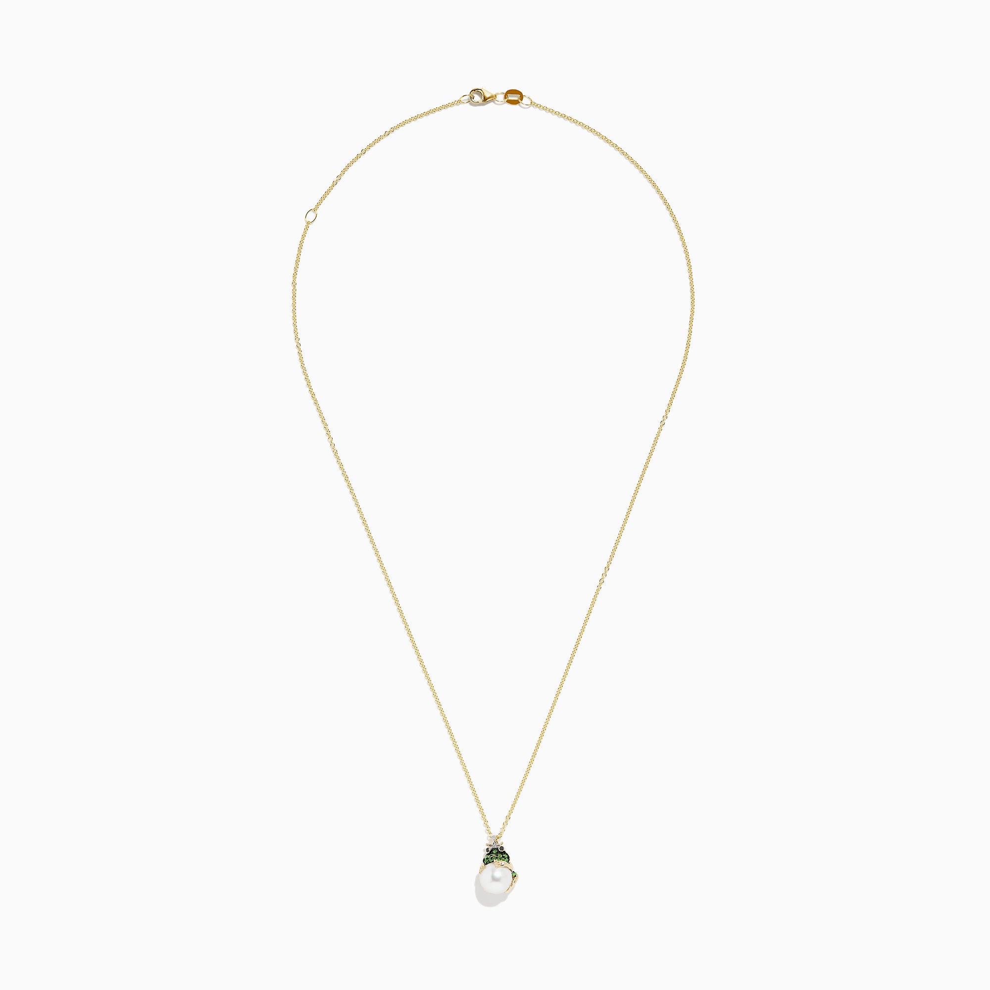 The Safari 14K Yellow Gold Tsavorite, Diamond and Pearl Frog Pendant features tsavorite accents and a white pearl, elegantly displayed on a plain white background.