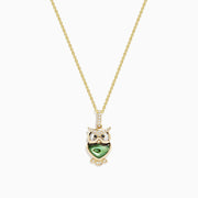 The Safari 14K Yellow Gold Abalone and Diamond Owl Pendant features a whimsical owl with an abalone body and sparkling diamond accents on the eyes, wings, and feet for a charming touch.
