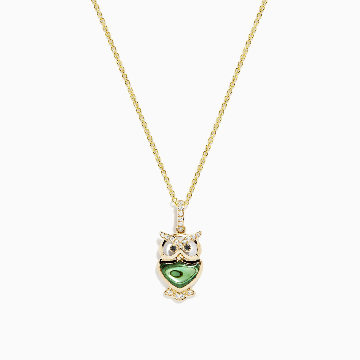 The Safari 14K Yellow Gold Abalone and Diamond Owl Pendant features a whimsical owl with an abalone body and sparkling diamond accents on the eyes, wings, and feet for a charming touch.
