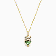 The Safari 14K Yellow Gold Abalone and Diamond Owl Pendant features a whimsical owl with an abalone body and sparkling diamond accents on the eyes, wings, and feet for a charming touch.