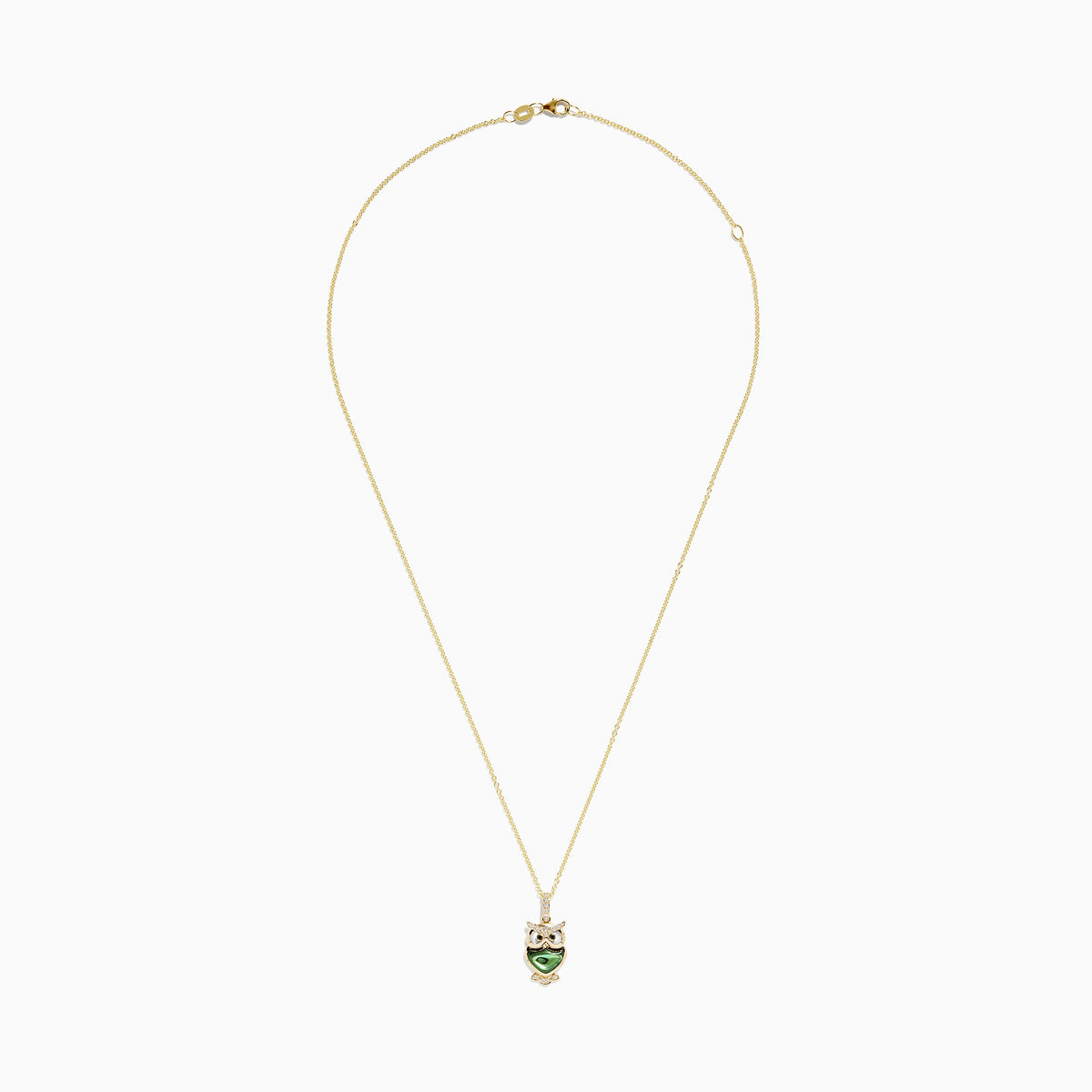 The Safari 14K Yellow Gold Abalone and Diamond Owl Pendant features a whimsical owl with an abalone body and sparkling diamond accents on the eyes, wings, and feet for a charming touch.