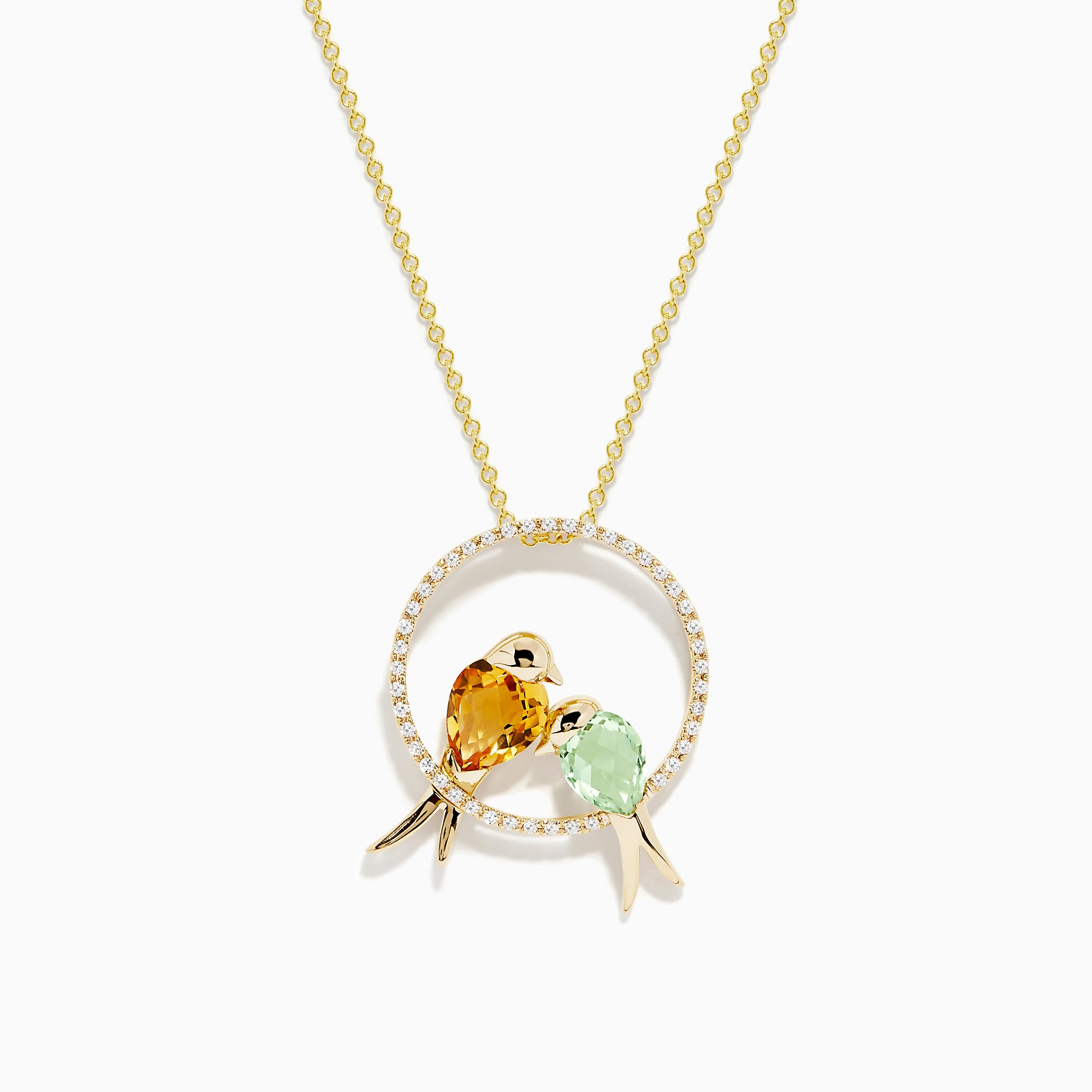 Safari 14K Yellow Gold Bird Pendant features a circular diamond ring with two birds, one orange citrine and one light green amethyst, perched inside. Accented with small diamonds on a delicate yellow gold chain.