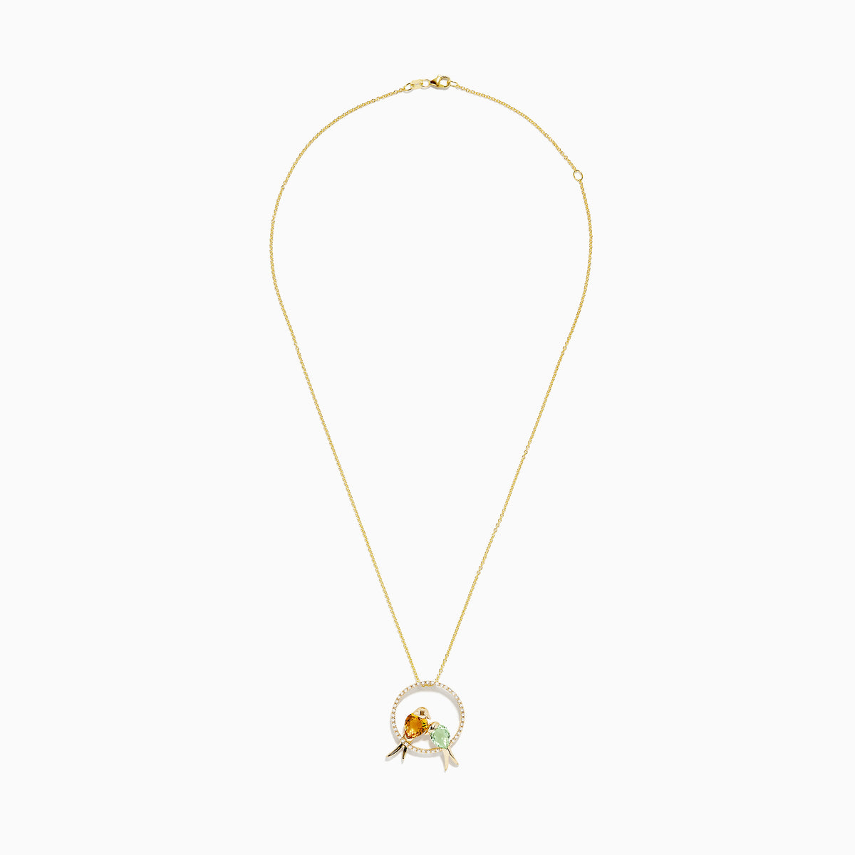 Safari 14K Yellow Gold Bird Pendant features a circular diamond ring with two birds, one orange citrine and one light green amethyst, perched inside. Accented with small diamonds on a delicate yellow gold chain.