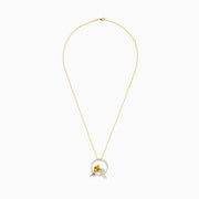 Safari 14K Yellow Gold Bird Pendant features a circular diamond ring with two birds, one orange citrine and one light green amethyst, perched inside. Accented with small diamonds on a delicate yellow gold chain.