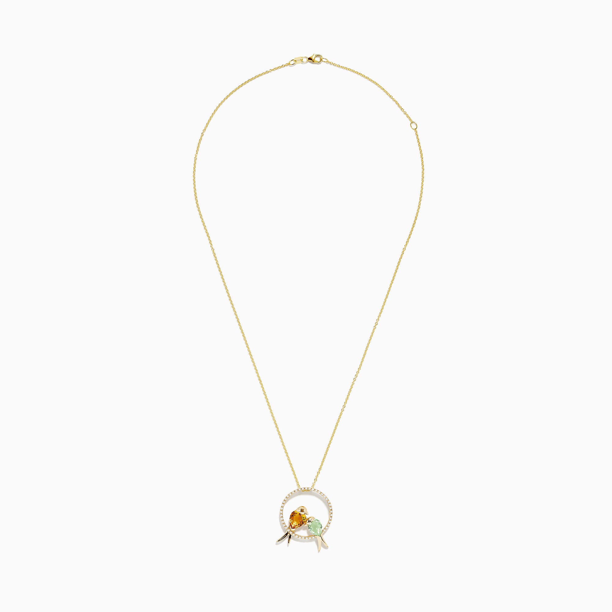 Safari 14K Yellow Gold Bird Pendant features a circular diamond ring with two birds, one orange citrine and one light green amethyst, perched inside. Accented with small diamonds on a delicate yellow gold chain.