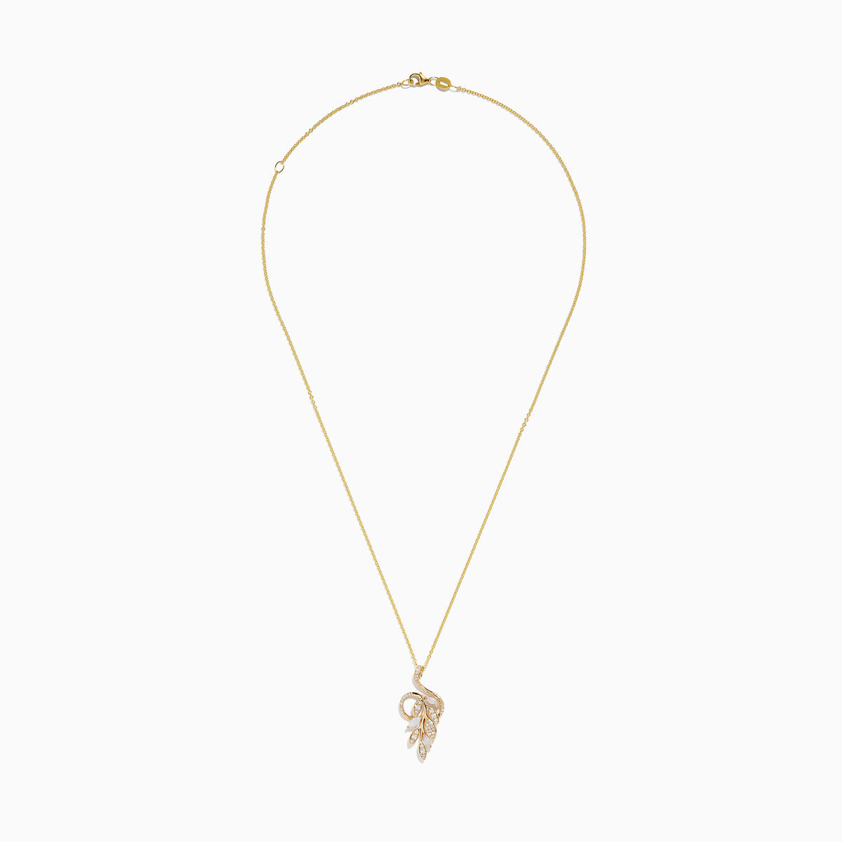 Aurora 14K Yellow Gold Diamond and Opal Leaf Pendant features an elegant leaf design with sparkling diamonds and a vibrant opal. Its delicate, sophisticated look makes it perfect for any occasion.