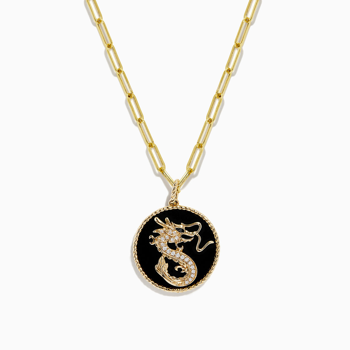 The Novelty 14K Yellow Gold Onyx and Diamond Dragon Coin Pendant (4.62 TCW) features an oval onyx with a gold dragon design, framed by a twisted rope border and accented on an elongated link chain with small gold beads.
