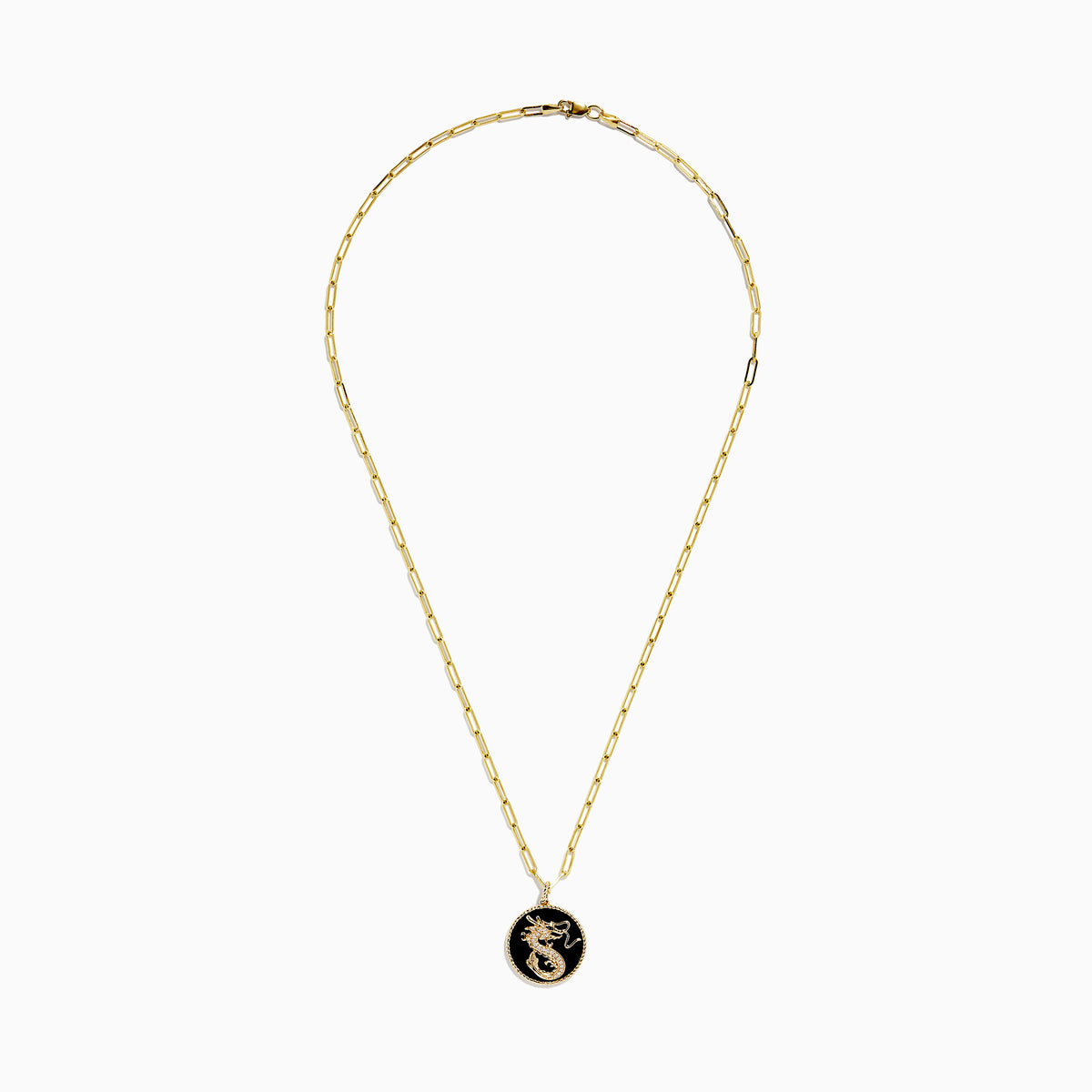 The Novelty 14K Yellow Gold Onyx and Diamond Dragon Coin Pendant (4.62 TCW) features an oval onyx with a gold dragon design, framed by a twisted rope border and accented on an elongated link chain with small gold beads.