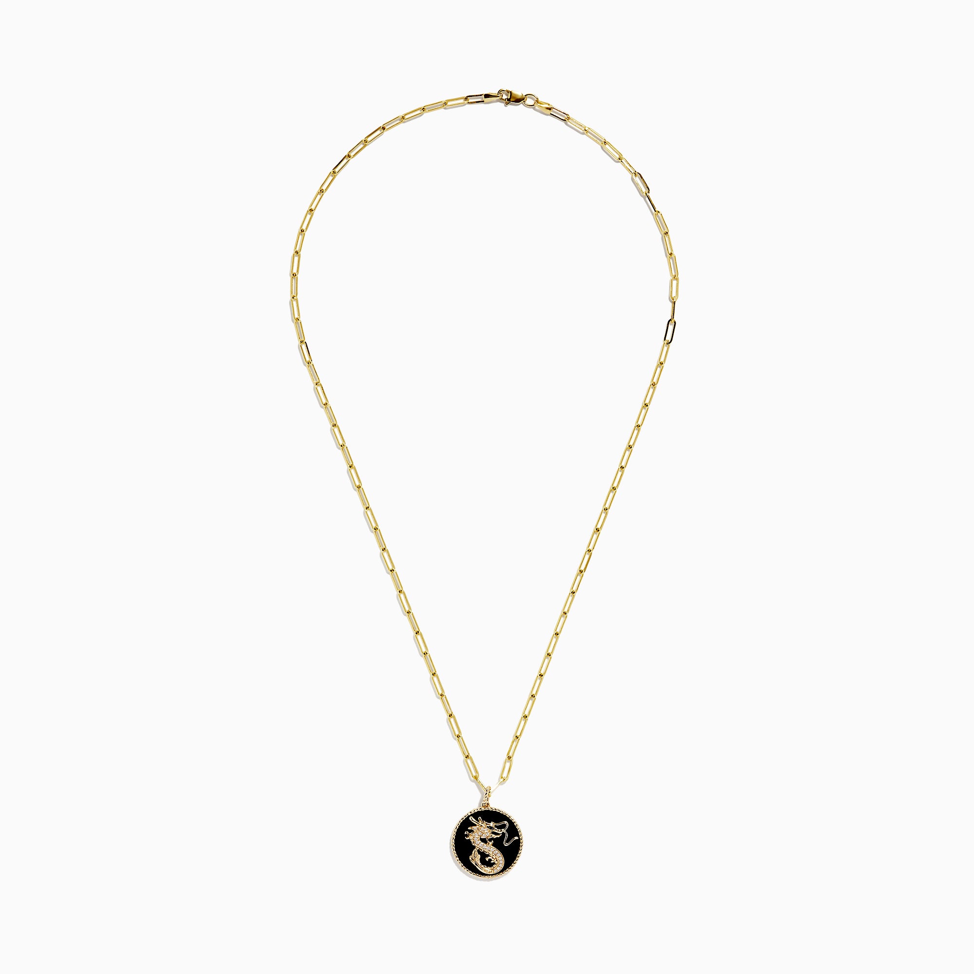 The Novelty 14K Yellow Gold Onyx and Diamond Dragon Coin Pendant (4.62 TCW) features an oval onyx with a gold dragon design, framed by a twisted rope border and accented on an elongated link chain with small gold beads.