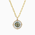A 14K gold chain necklace featuring the Novelty Multi Gemstone and Diamond Compass Pendant (0.08 TCW), highlighted by vibrant green, blue, and gold details with a small central gem.