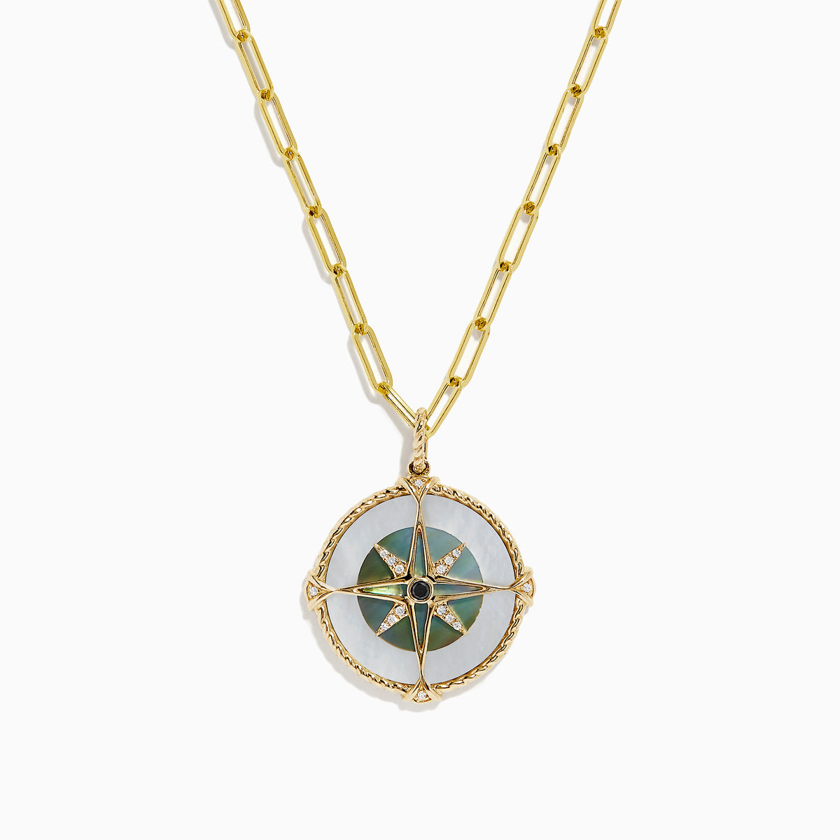 A 14K gold chain necklace featuring the Novelty Multi Gemstone and Diamond Compass Pendant (0.08 TCW), highlighted by vibrant green, blue, and gold details with a small central gem.