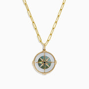 A 14K gold chain necklace featuring the Novelty Multi Gemstone and Diamond Compass Pendant (0.08 TCW), highlighted by vibrant green, blue, and gold details with a small central gem.