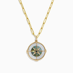 A 14K gold chain necklace featuring the Novelty Multi Gemstone and Diamond Compass Pendant (0.08 TCW), highlighted by vibrant green, blue, and gold details with a small central gem.