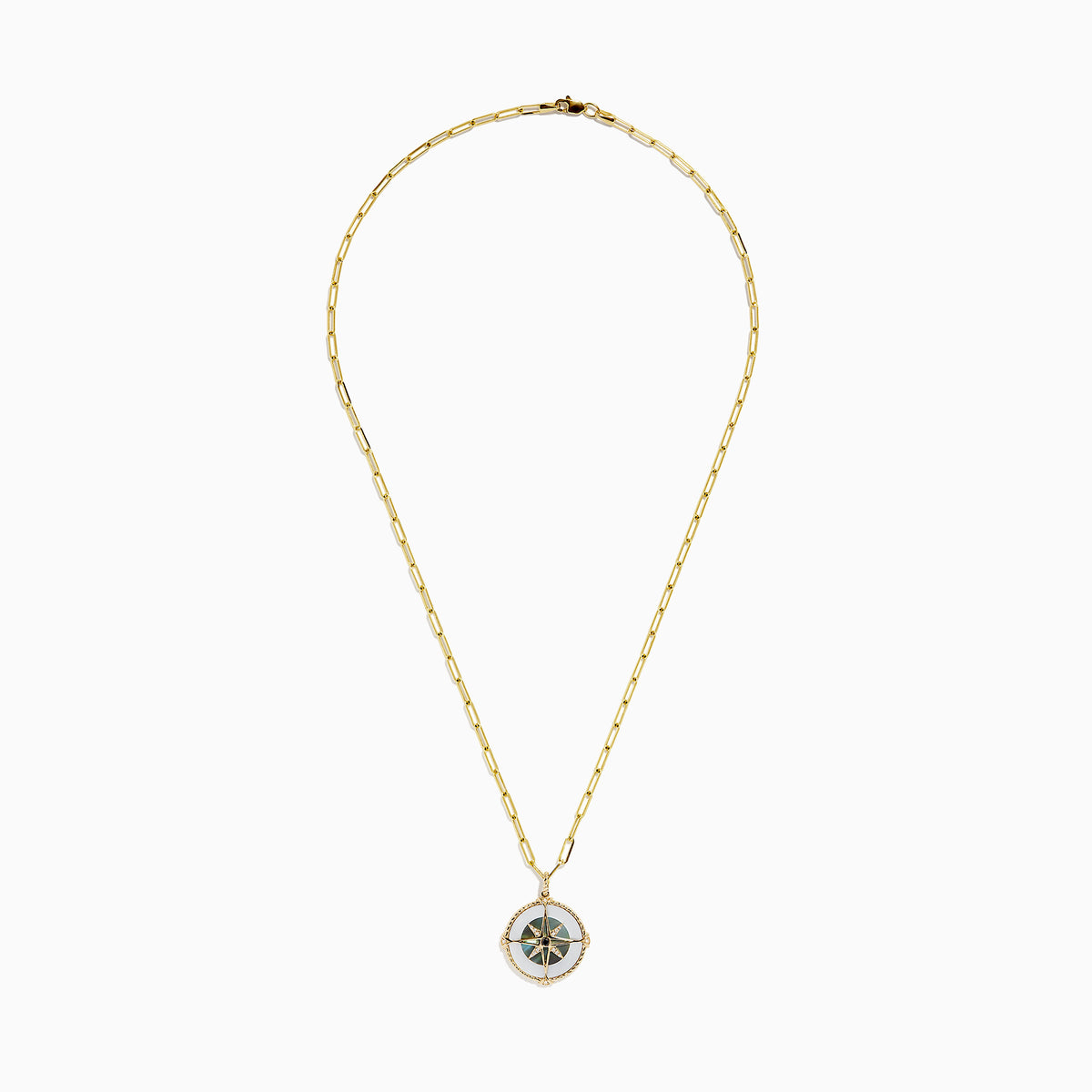 A 14K gold chain necklace featuring the Novelty Multi Gemstone and Diamond Compass Pendant (0.08 TCW), highlighted by vibrant green, blue, and gold details with a small central gem.