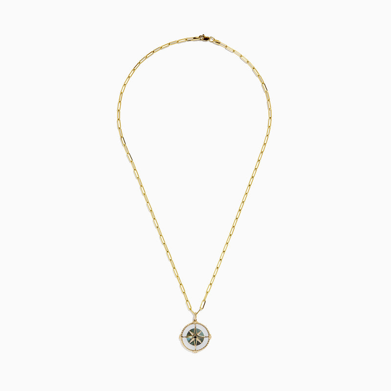 A 14K gold chain necklace featuring the Novelty Multi Gemstone and Diamond Compass Pendant (0.08 TCW), highlighted by vibrant green, blue, and gold details with a small central gem.