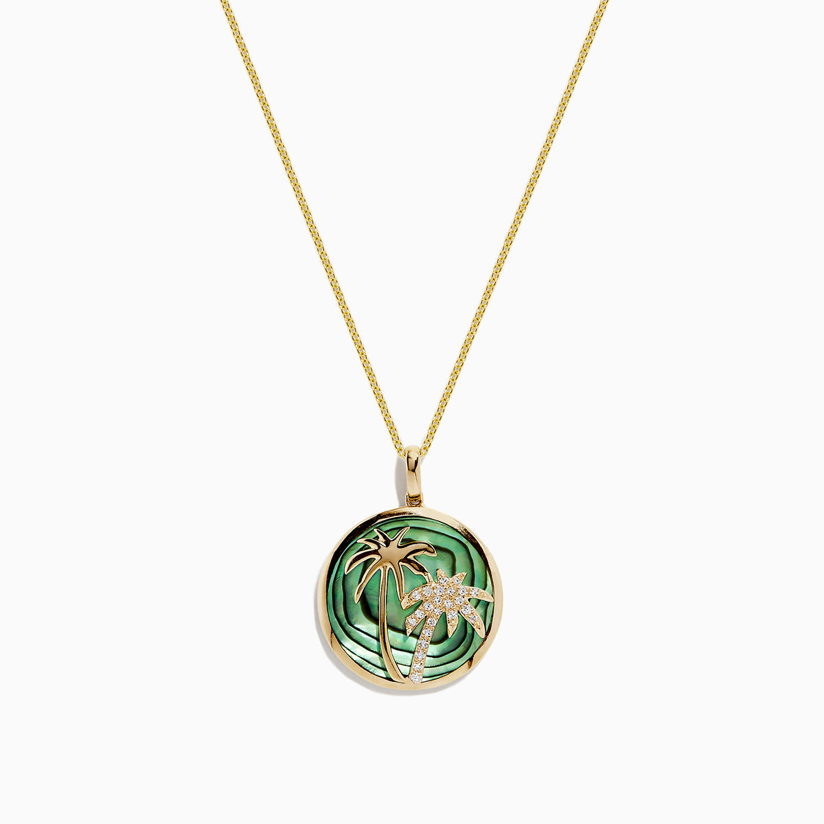 The 14K Yellow Gold Abalone and Diamond Palm Tree Pendant, 4.52 TCW, features two palm trees—one accented with sparkling diamonds—set on a wavy abalone green background.