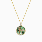 The 14K Yellow Gold Abalone and Diamond Palm Tree Pendant, 4.52 TCW, features two palm trees—one accented with sparkling diamonds—set on a wavy abalone green background.