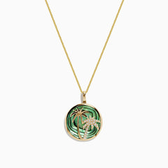 The 14K Yellow Gold Abalone and Diamond Palm Tree Pendant, 4.52 TCW, features two palm trees—one accented with sparkling diamonds—set on a wavy abalone green background.