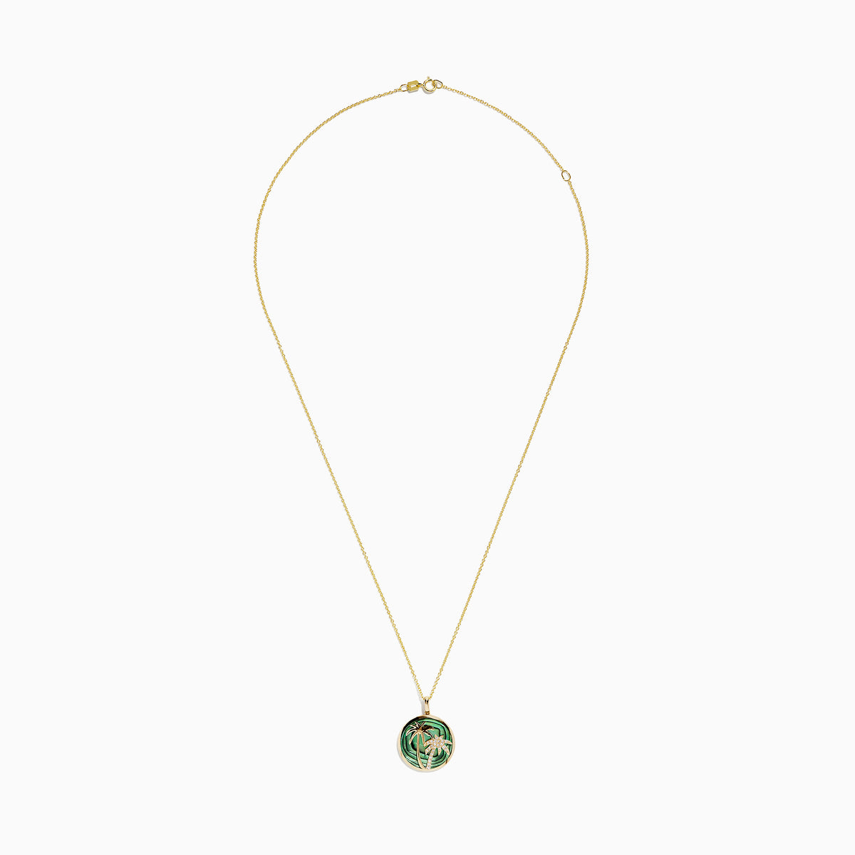 The 14K Yellow Gold Abalone and Diamond Palm Tree Pendant, 4.52 TCW, features two palm trees—one accented with sparkling diamonds—set on a wavy abalone green background.