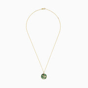The 14K Yellow Gold Abalone and Diamond Palm Tree Pendant, 4.52 TCW, features two palm trees—one accented with sparkling diamonds—set on a wavy abalone green background.