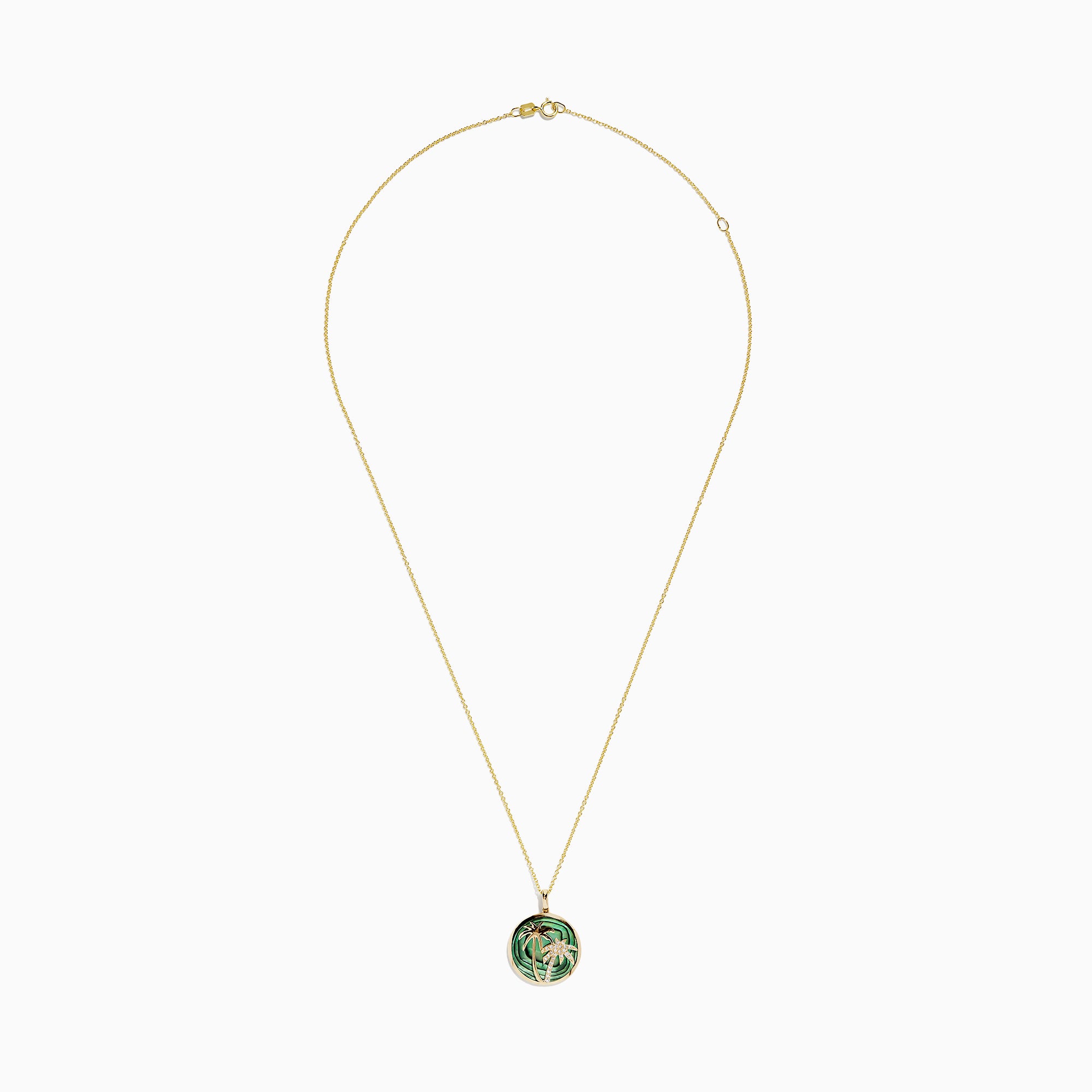 The 14K Yellow Gold Abalone and Diamond Palm Tree Pendant, 4.52 TCW, features two palm trees—one accented with sparkling diamonds—set on a wavy abalone green background.