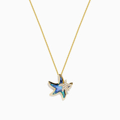 The Seaside 14K Yellow Gold Abalone and Diamond Starfish Pendant (0.09 TCW) features a starfish design with abalone accents and sparkling diamonds for added brilliance.