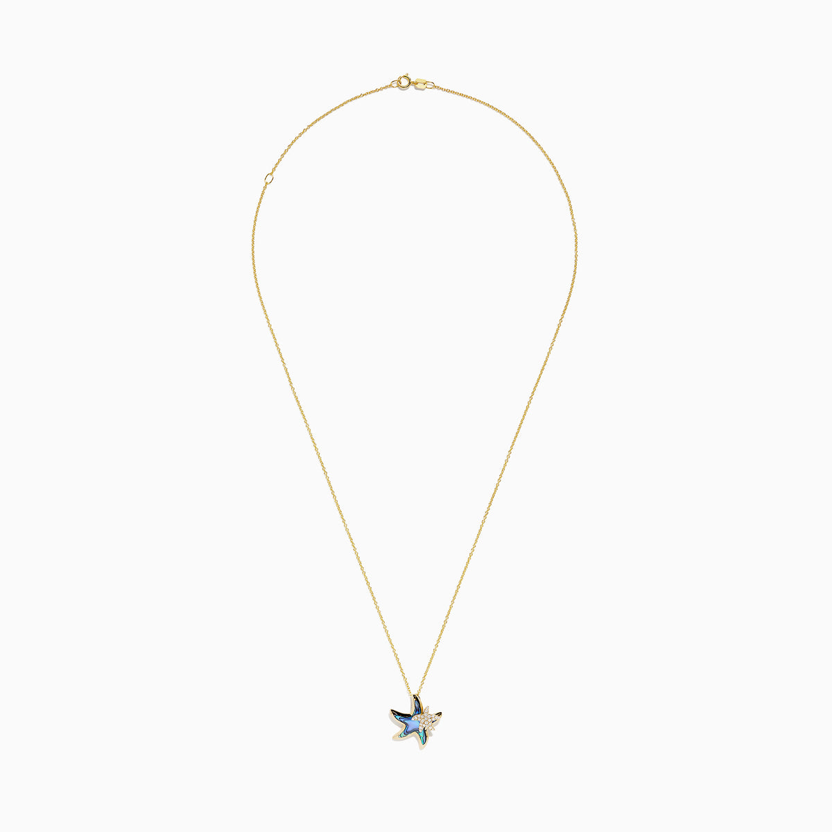 The Seaside 14K Yellow Gold Abalone and Diamond Starfish Pendant (0.09 TCW) features a starfish design with abalone accents and sparkling diamonds for added brilliance.