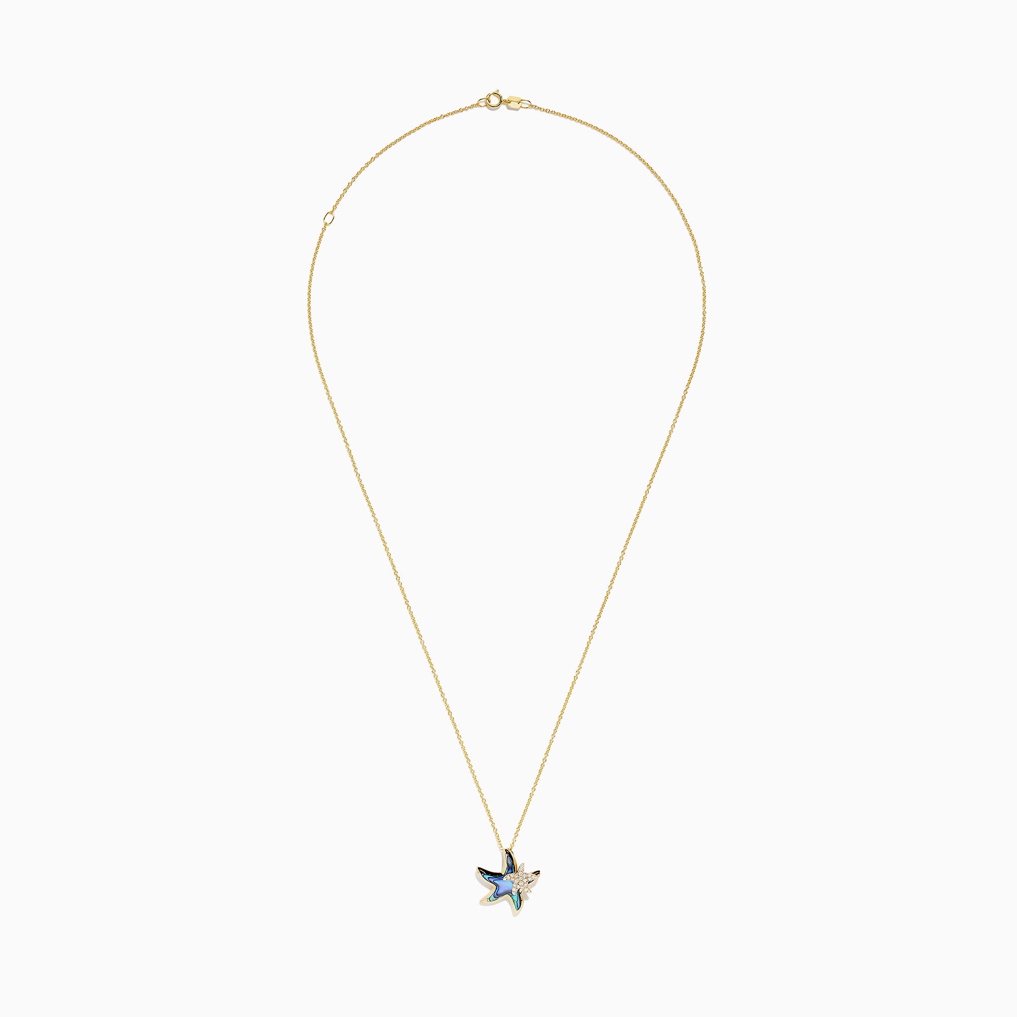 The Seaside 14K Yellow Gold Abalone and Diamond Starfish Pendant (0.09 TCW) features a starfish design with abalone accents and sparkling diamonds for added brilliance.