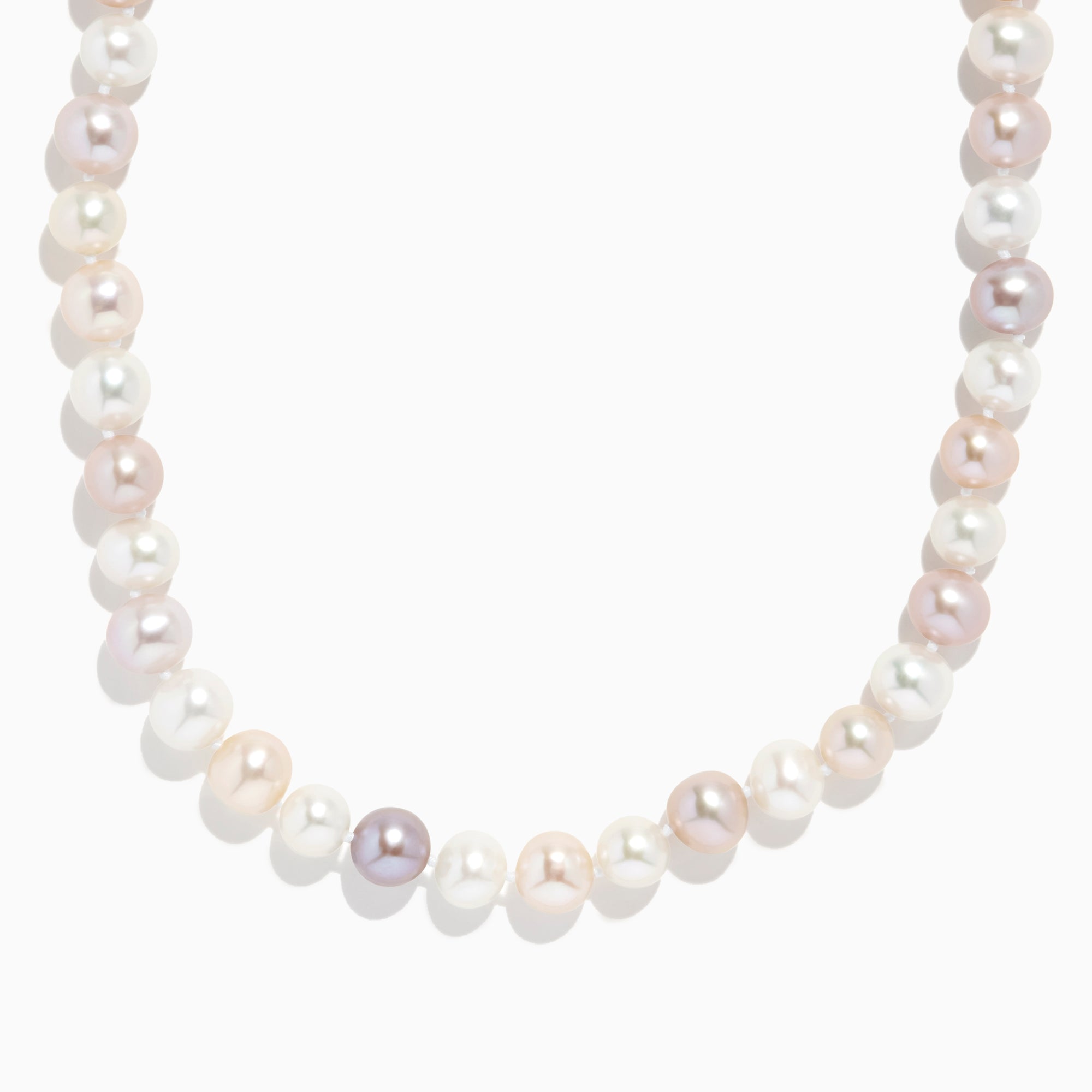 A close-up of the 925 Sterling Silver Freshwater Multicolor Pearl Necklace, showcasing round white, cream, and light pink pearls on a white background.
