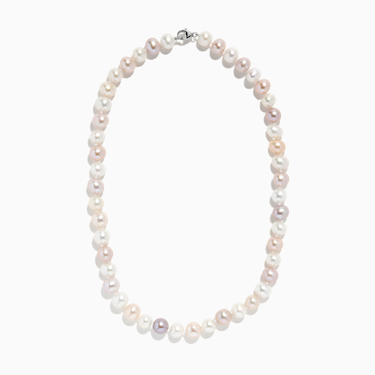 A close-up of the 925 Sterling Silver Freshwater Multicolor Pearl Necklace, showcasing round white, cream, and light pink pearls on a white background.