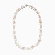 A close-up of the 925 Sterling Silver Freshwater Multicolor Pearl Necklace, showcasing round white, cream, and light pink pearls on a white background.
