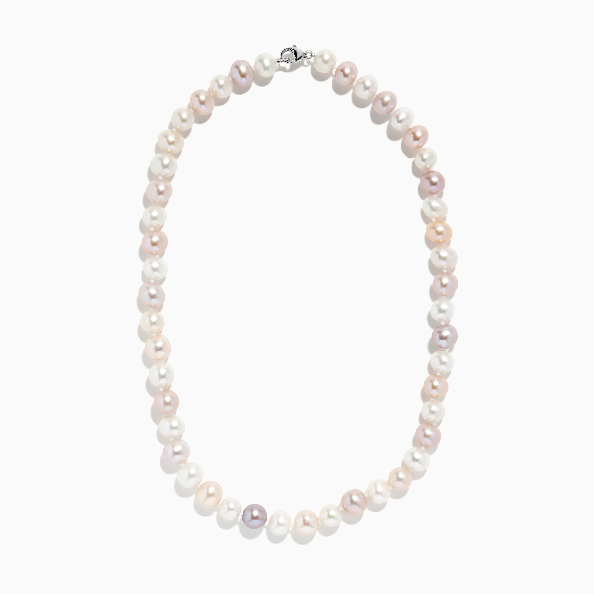 A close-up of the 925 Sterling Silver Freshwater Multicolor Pearl Necklace, showcasing round white, cream, and light pink pearls on a white background.