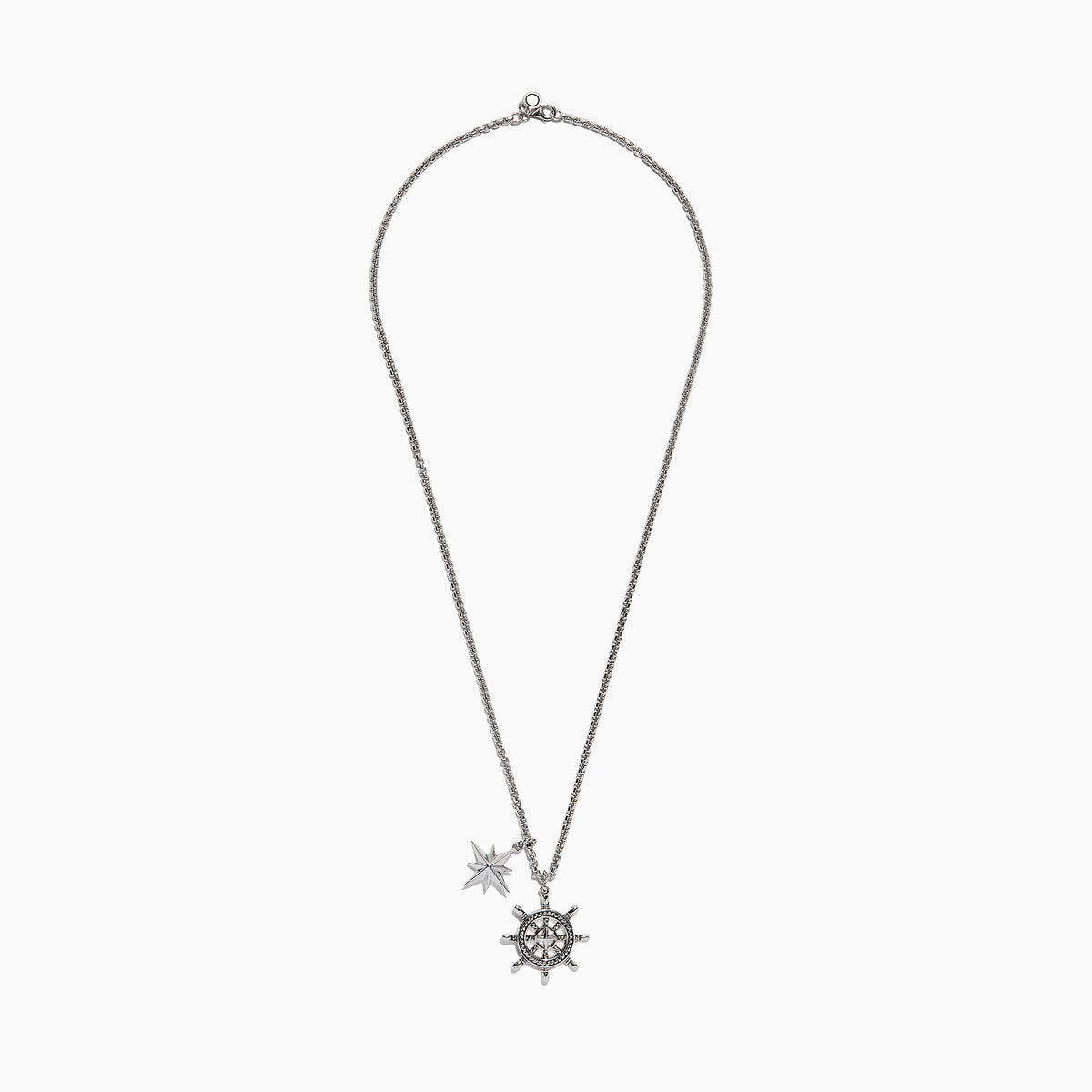 Mens Sterling Silver Ships Wheel and Star Pendant features two pendants—a star and a ship’s wheel with rope detailing and a central star design—hanging from a textured chain.