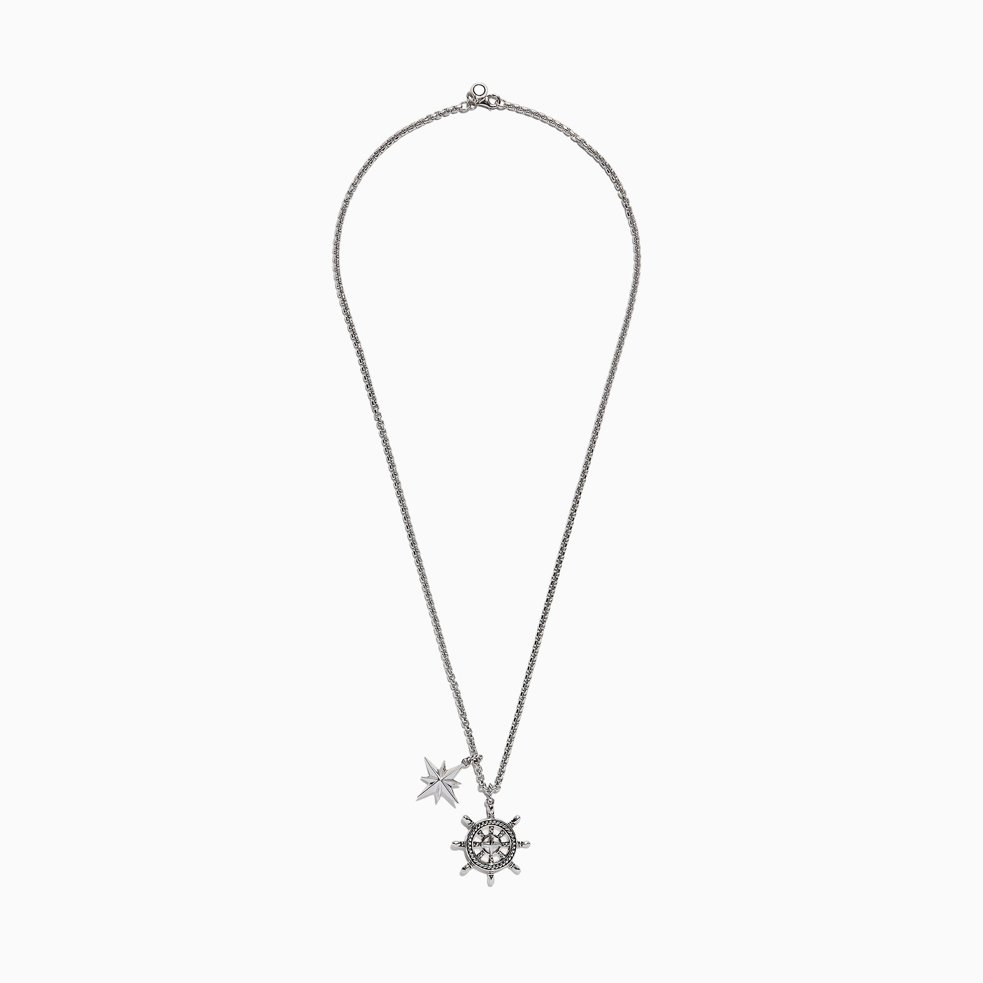 Mens Sterling Silver Ships Wheel and Star Pendant features two pendants—a star and a ship’s wheel with rope detailing and a central star design—hanging from a textured chain.