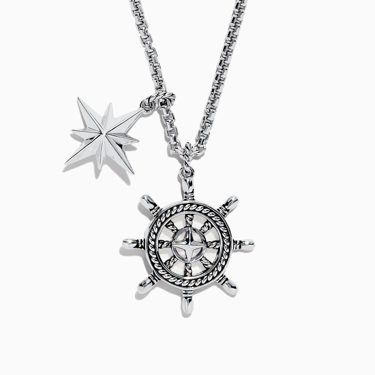 Mens Sterling Silver Ships Wheel and Star Pendant features two pendants—a star and a ship’s wheel with rope detailing and a central star design—hanging from a textured chain.