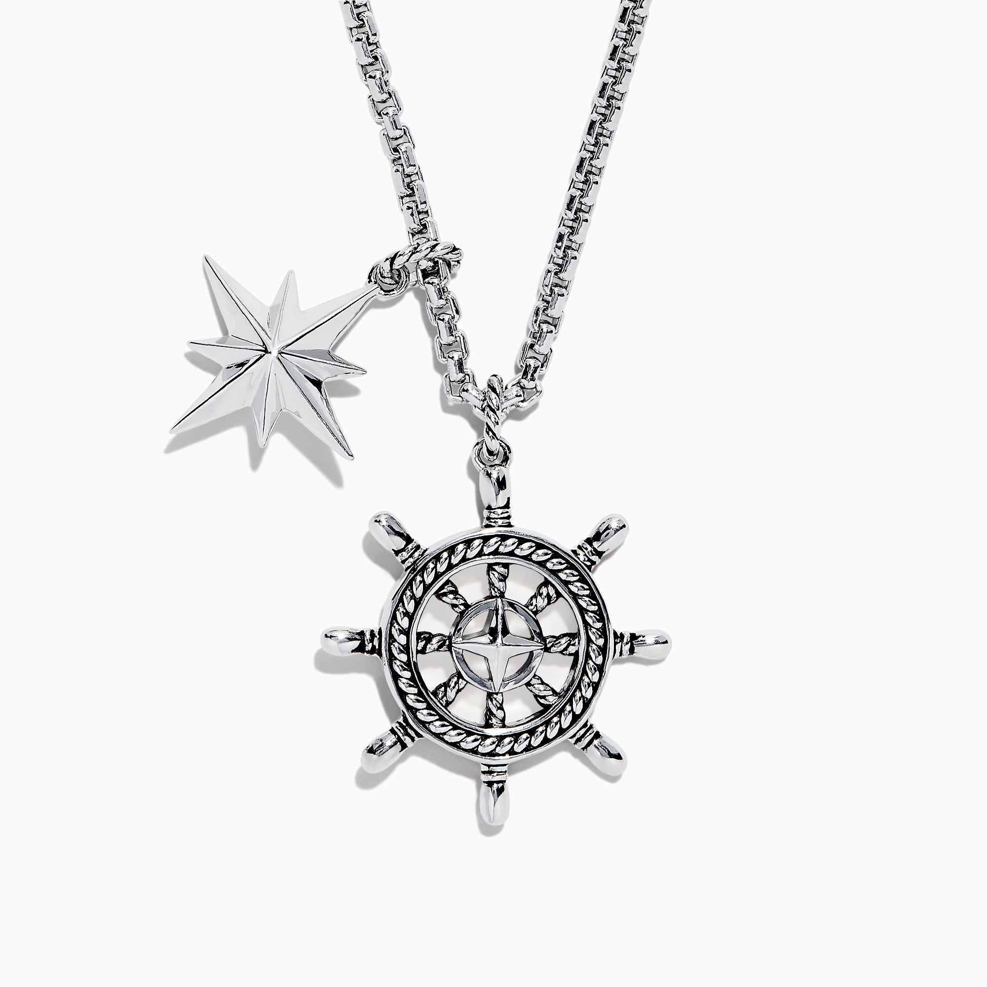 Mens Sterling Silver Ships Wheel and Star Pendant features two pendants—a star and a ship’s wheel with rope detailing and a central star design—hanging from a textured chain.