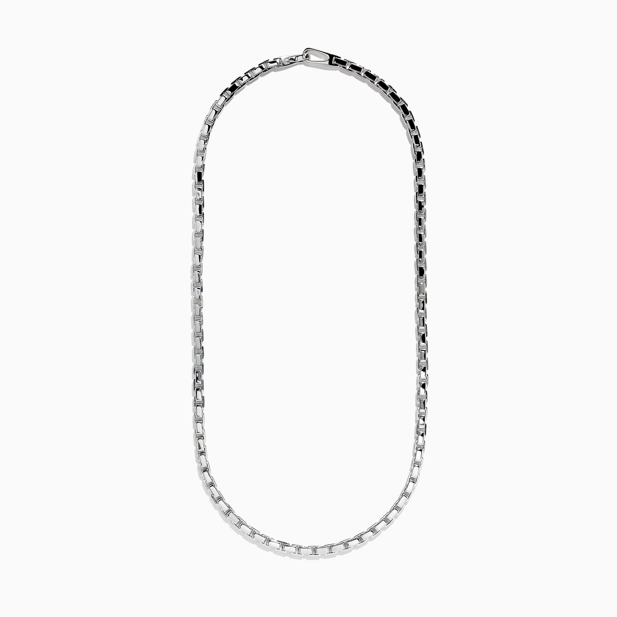 The Mens Sterling Silver 22 Box Link Chain is shown against a white background, featuring only the lower half of the chain in a curved arrangement.
