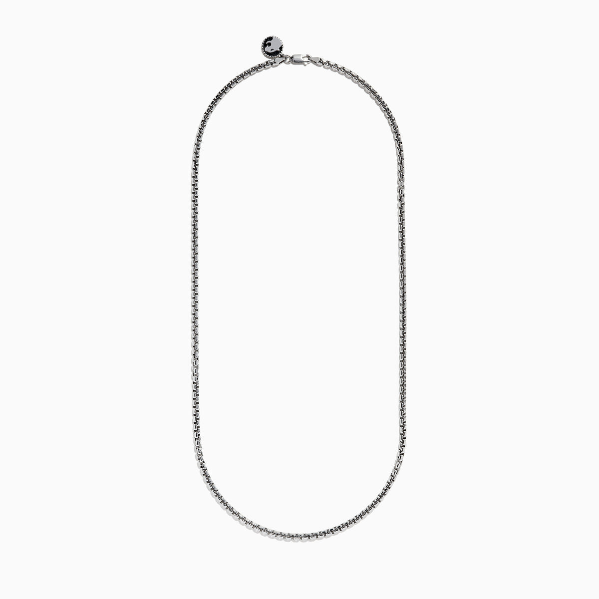 A close-up of the Mens Sterling Silver 21 Box Link Chain shows its sleek box chain design, displayed on a white background and curving gently at the bottom.