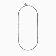 A close-up of the Mens Sterling Silver 21 Box Link Chain shows its sleek box chain design, displayed on a white background and curving gently at the bottom.